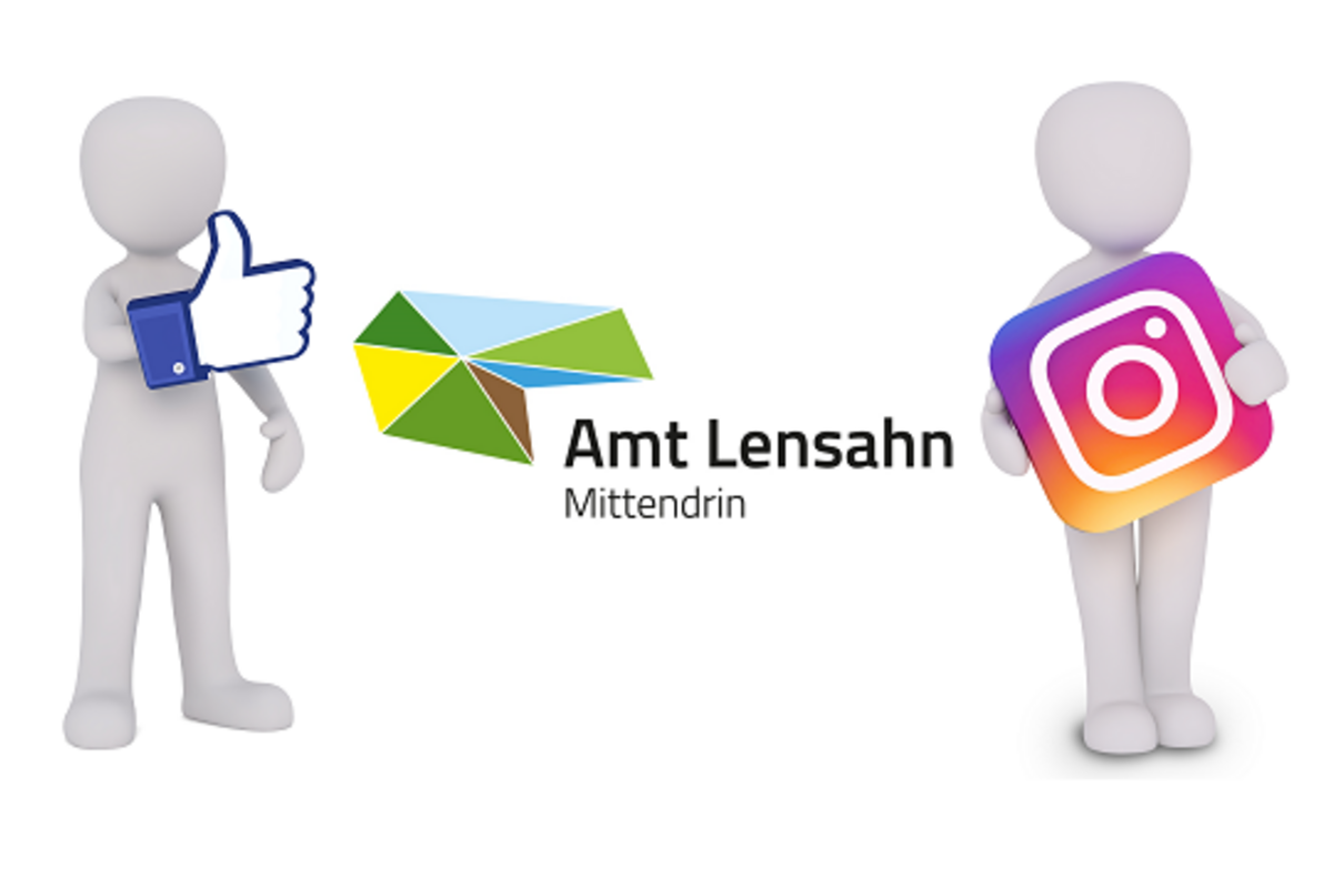 Zwei 3D Figuren mit Logo von Facebook, Instagram und Amt Lensahn Mittendrin